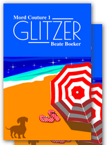 blauer Himmel, gelber Strand, ein rot-weiß gestreifter Sonnenschirm und der Schatten eines Dackels sowie rot-weiß gestreifte Schlappen. Stil: modern retro