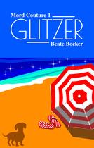 blauer Himmel, gelber Strand, ein rot-weiß gestreifter Sonnenschirm und der Schatten eines Dackels sowie rot-weiß gestreifte Schlappen. Stil: modern retro